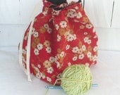 Drawstring Knitting Project Bag - large project bag - Red with flower blossoms