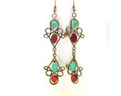Lovely earrings, made with green turquoise and red czech glasses, Picasso, table cut.