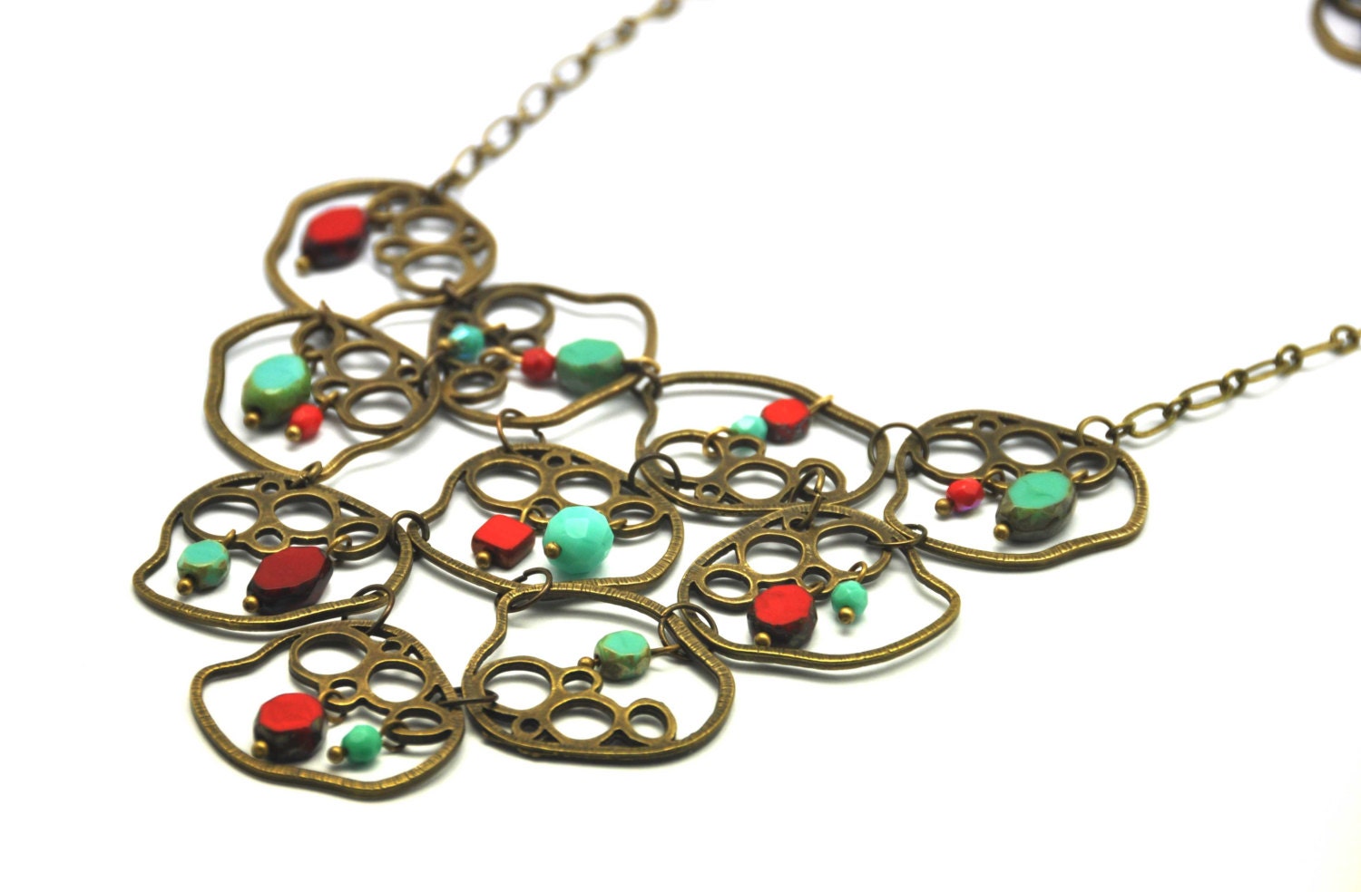 Delightful and joyful necklace made with red and turquoise picasso czech glass beads