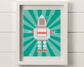 Vintage Style Robot Illustration, 8" x 10" Print