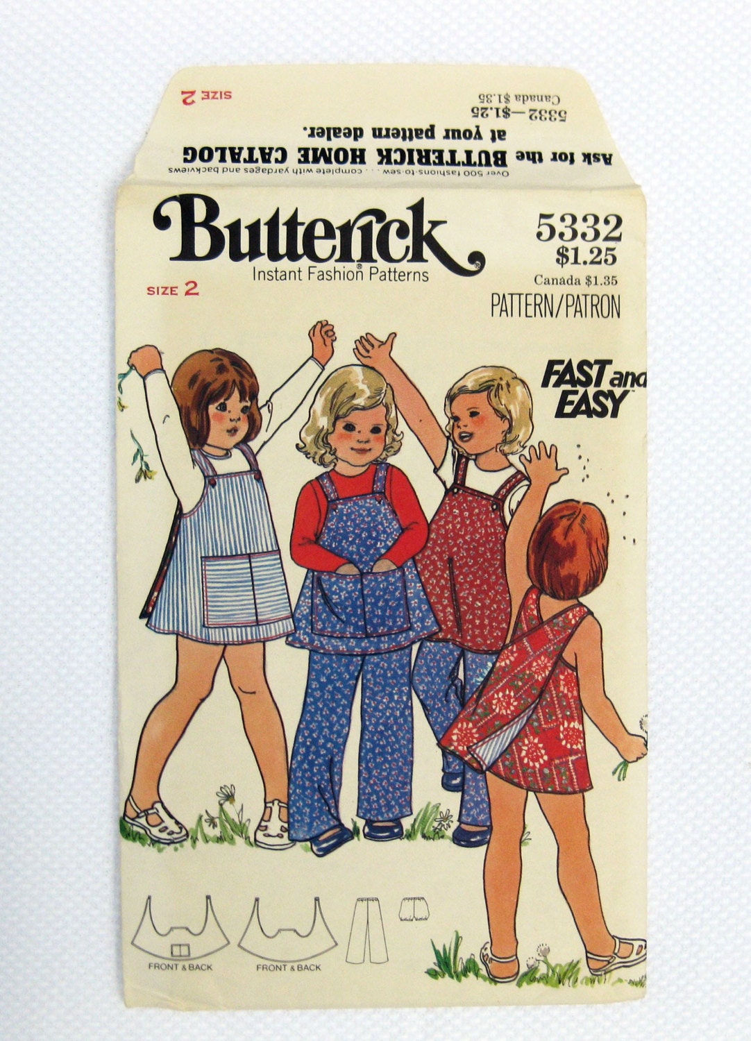 Vintage Butterick 5332, 70s Toddlers' Reversible Jumper, Pants and Panties, Pinafore, Sewing Pattern, Size 2, Childrens Pattern
