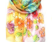 Orange Pink Scarf. Floral Shawl. Hand Painted Women Scarf. Gift for Her. Foulard Echarpe Soie. 14x71in. (35x180cm). Ready2Ship.