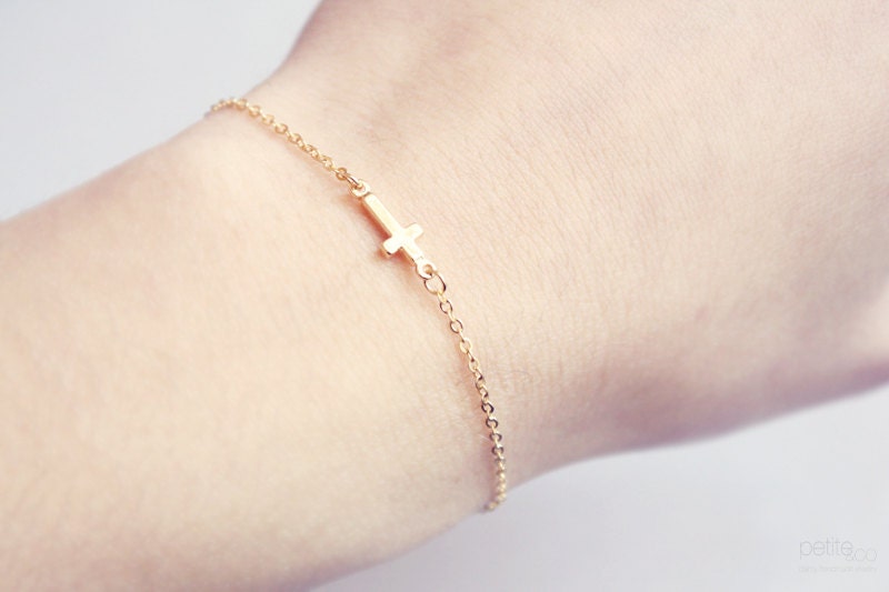tiny sideways cross bracelet - dainty, minimalist gold jewelry