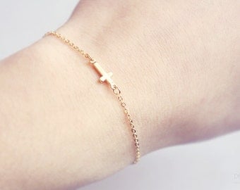 tiny sideways cross bracelet - dainty, minimalist gold jewelry