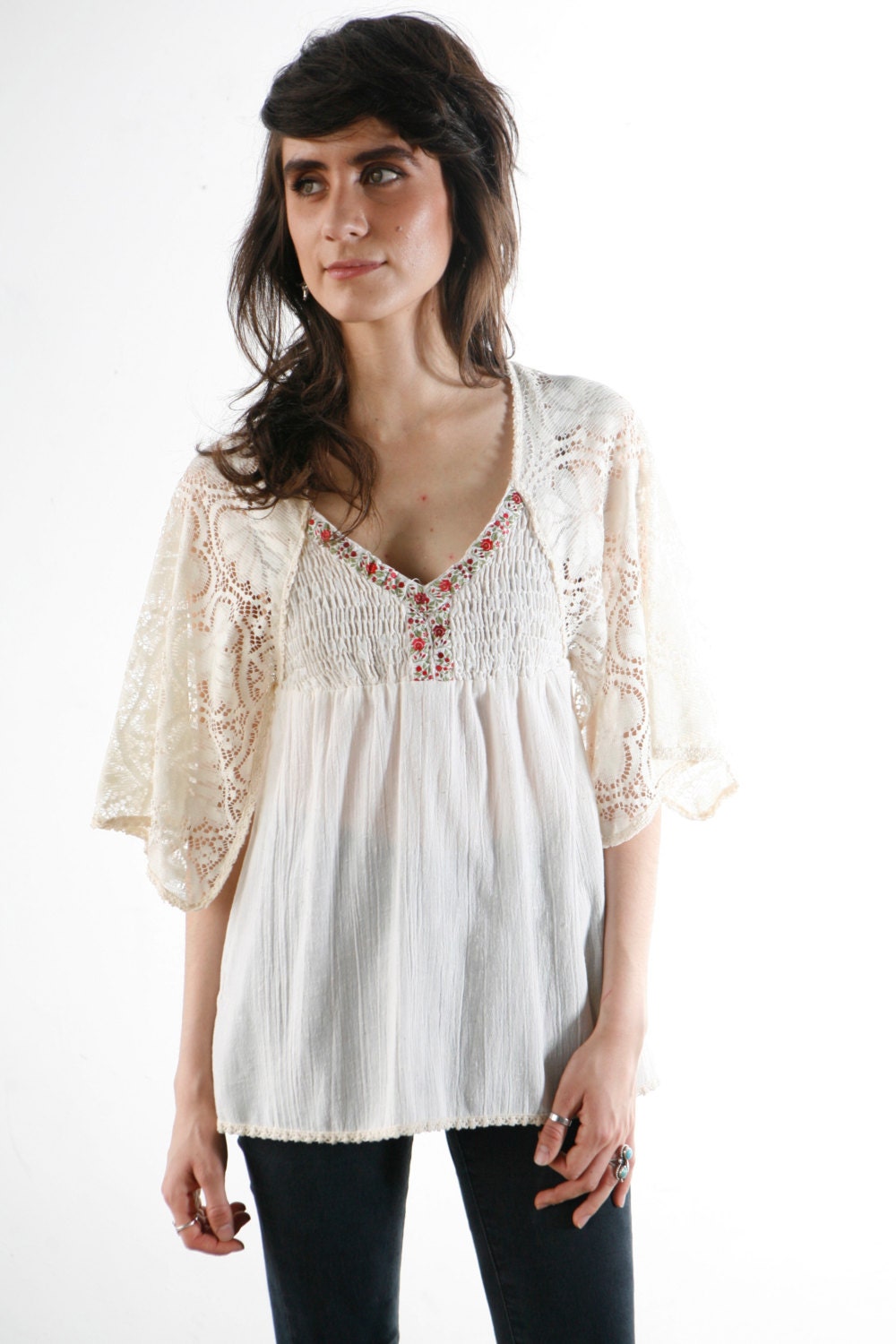60s 70s BOHEMIAN embroidered floral oversize boho hippie shirt