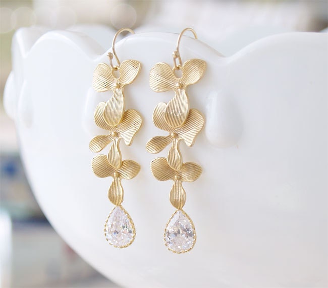 Wedding Jewelry - CZ Chandelier Earrings - Gold Filled Earwire - Triple Orchid Earrings - Bridesmaid Earrings, Cubic Zirconia