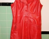 Late 1960s '60s Red Leather Mini Dress / Collar / Hip Pockets / Front Button / M Medium / L Large
