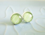Lolly Studs - Chevron Print - apple green mint coloured print silver post and glass stud earrings - EvaAndEva