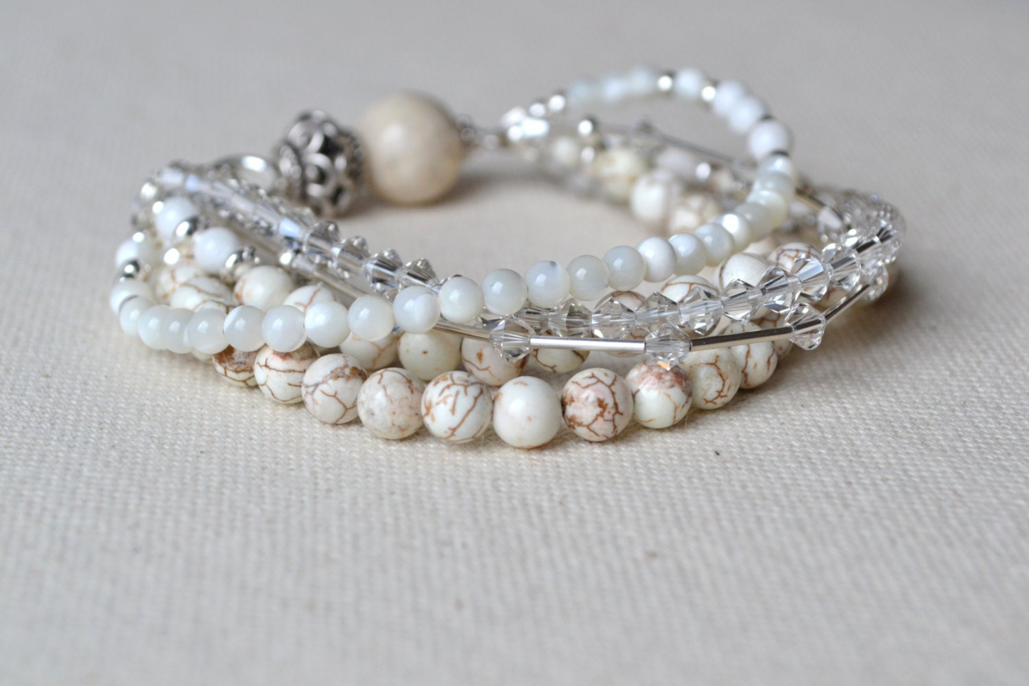 White Turquoise, Shell, Swarovski Crystal and Sterling Silver Multi Strand Bracelet, Filigree Beads, Lobster Claw Clasp, Handmade