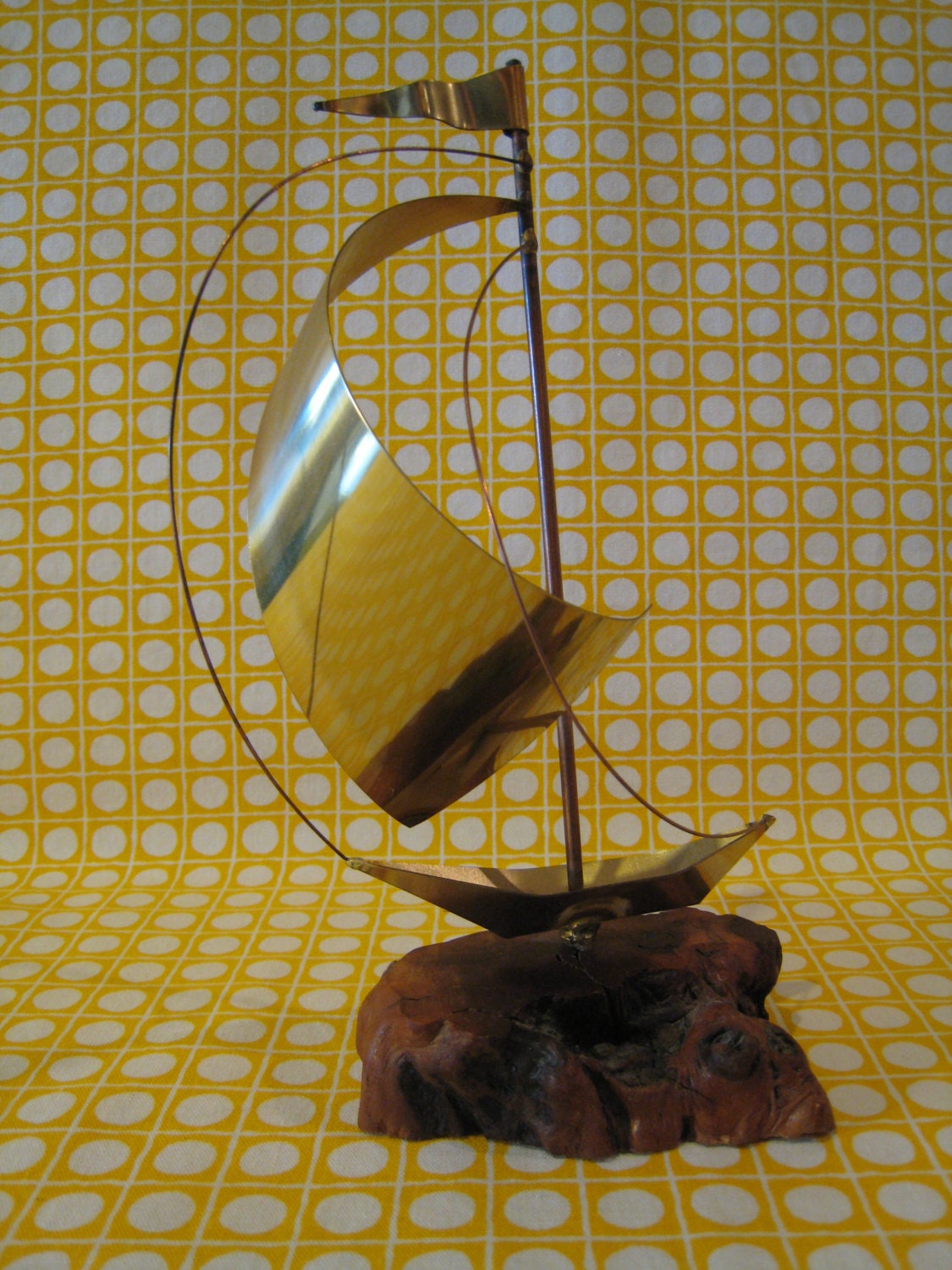 Vintage Brutalist Jere Era Brass / Copper Sailboat on Petrified Wood Base Table Sculpture - Nautical / Beach Decor 1970s Mod