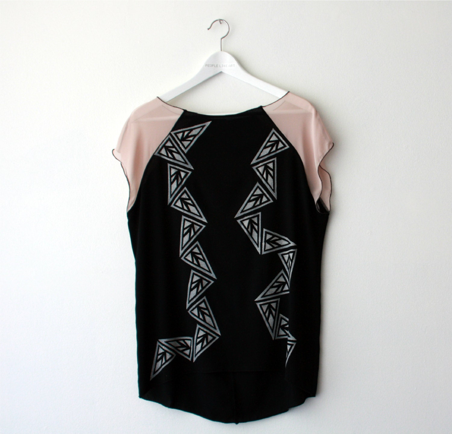 Handprinted Blouse, Women's Blouse, Trapeze Print, Raglan Sleeve Ladies T-shirt, Black Top