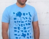United Shapes of America Tshirt BLUE Ink - S M L XL - Hand Screenprinted American Apparel - Light Blue Shirt with Navy Blue Ink