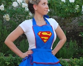 Superman Inspired Vintage Women's Blue Apron With Felt Superman Logo- MADE TO ORDER