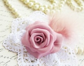 Pink Rose - Polymer Clay Flower and Feathers - Lace Brooch - Accessorize Anything -  Beautifully Packaged