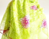 Large Green Scarf, Green Sarong, Silk Chiffon Pareo, Green Silk Wrap, Beach Wedding Shawl, Floral Festival Wrap, Silk Shawl