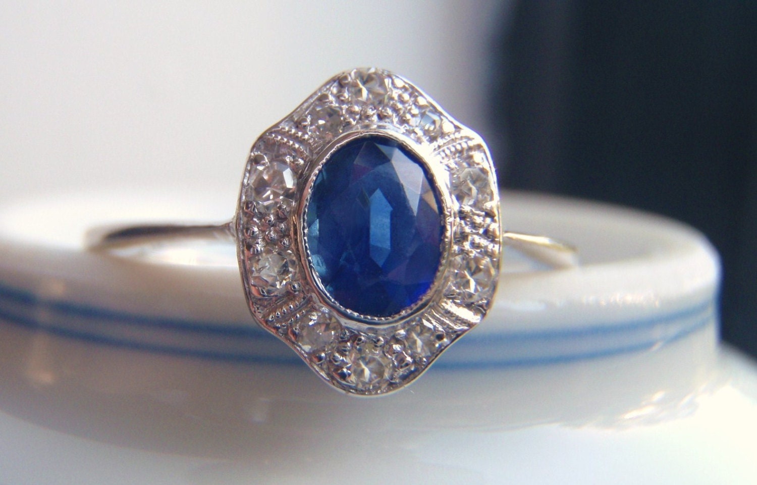 Natural Sapphire & Diamond Edwardian / Art Deco Engagement Ring. Platinum and White Gold. Great Gatsby meets Downton Abbey. Gorgeous.