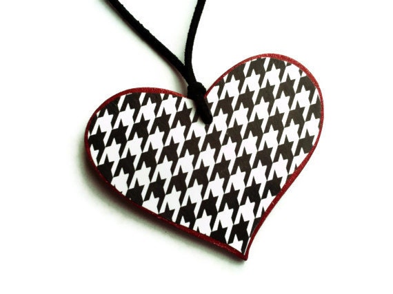 Houndstooth Heart Car Mirror Hanger / Red Glitter Heart