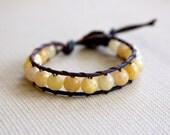 Yellow Jade Beads with Dragonfly Leather Wrap Bracelet,  LuckyBeadsCo