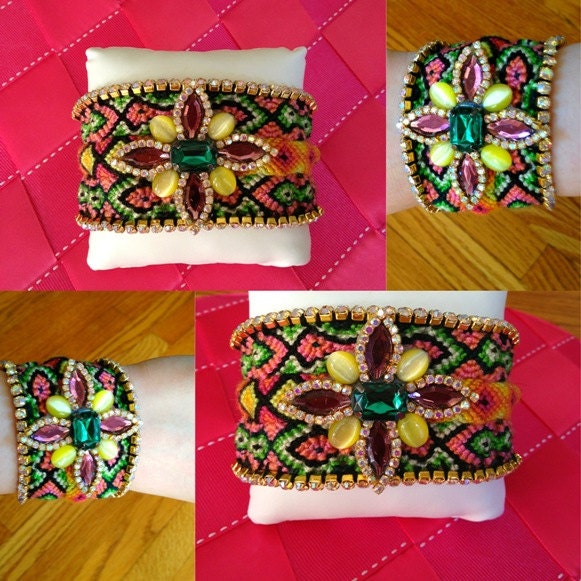 Eloise- 2" wide hand-woven, friendship bracelet embellished with aurora borealis crystals, cat eye stones and cabochon beads
