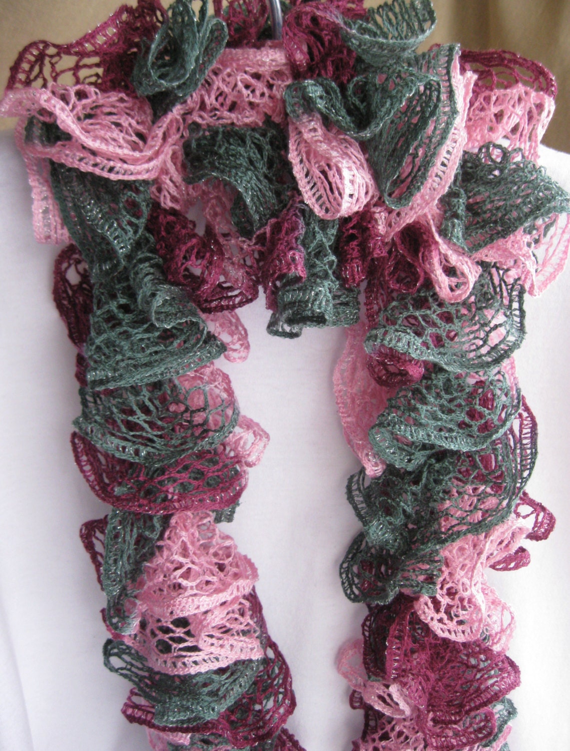 Cupid's Arrow Pink, Burgundy & Gray Ruffled Frilly Scarf With Metallic Trim