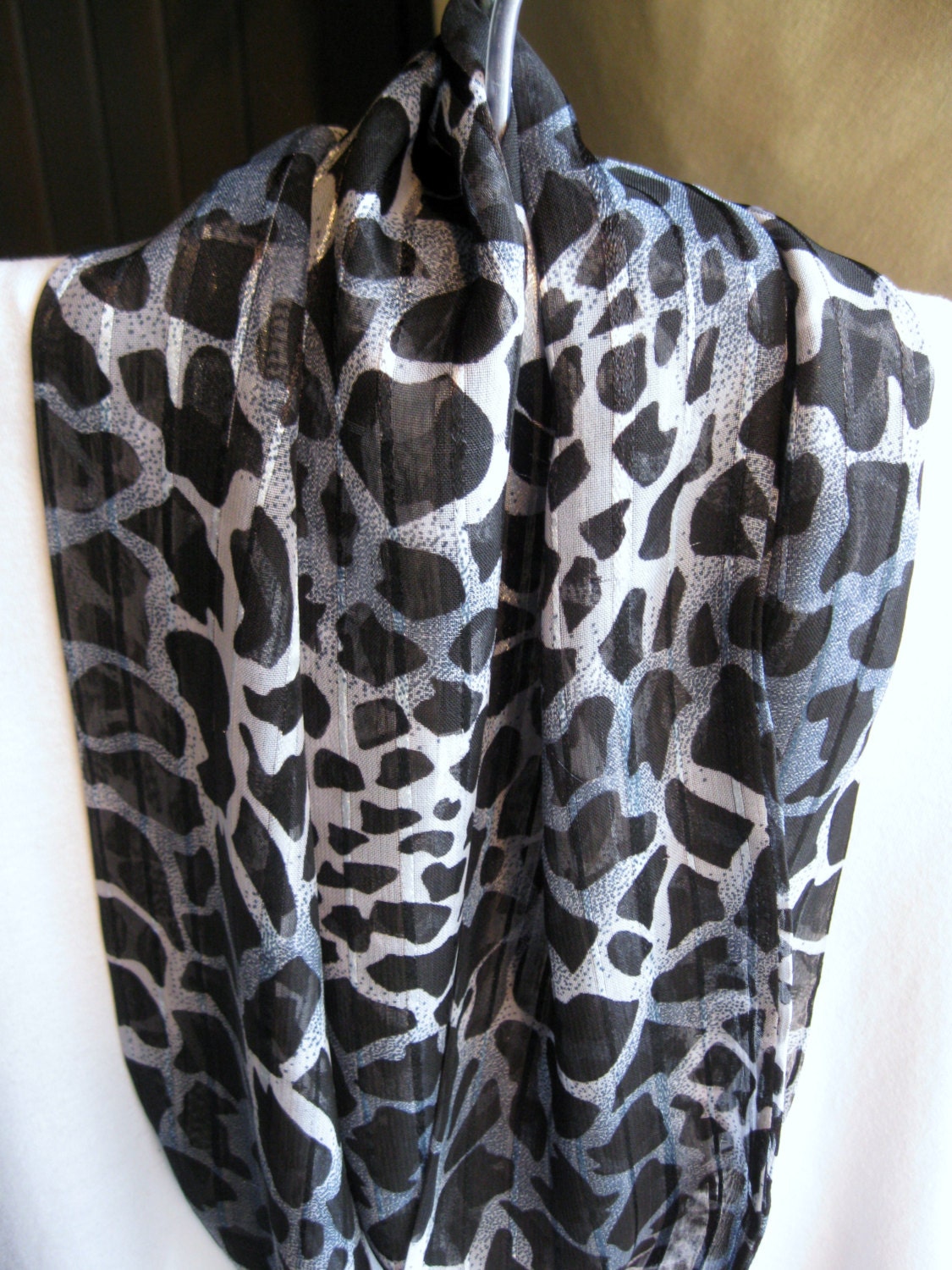 Smoky Blue, Silver & Black Animal Print Infinity Circle Loop Scarf