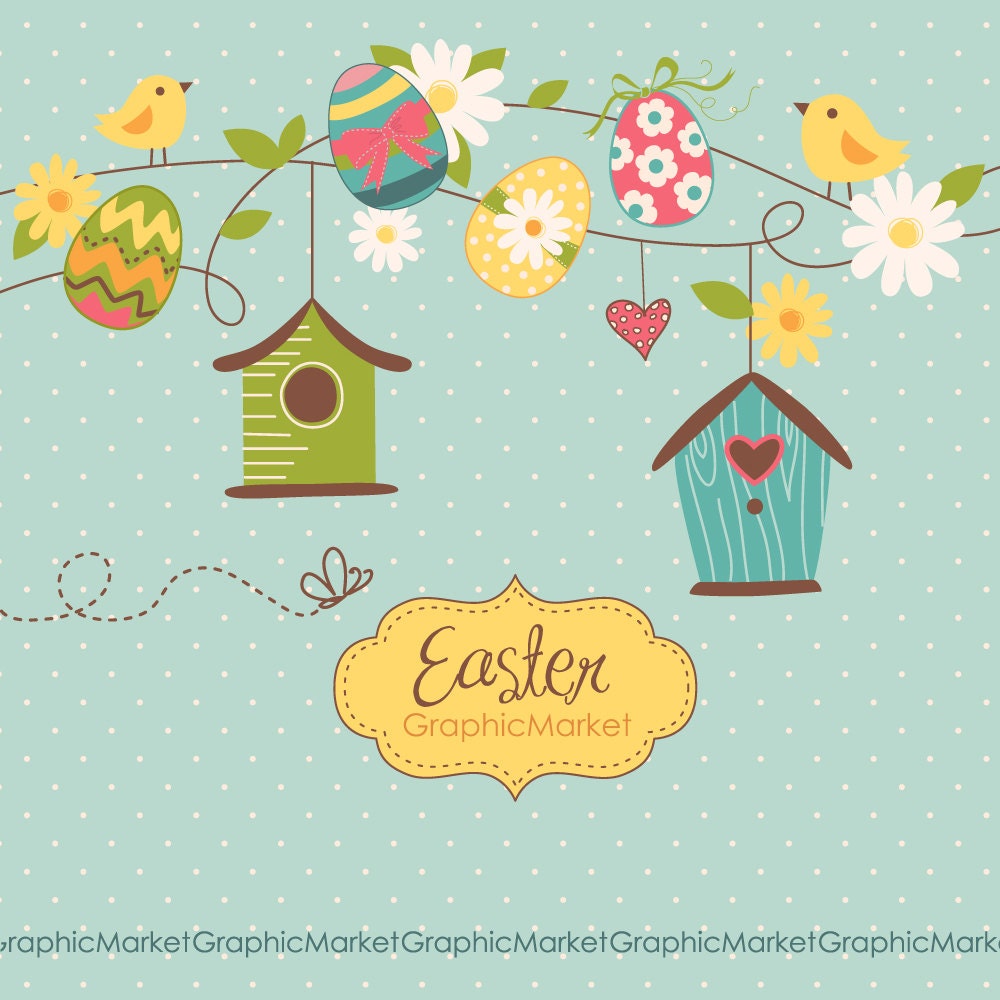 Easter Digital Clip Art and card templates, Retro Easter eggs, chick, birdhouses, flowers, birds, frames, Personal or Commercial Use