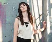 Black and white geometric shirt - high low hem crop tank top with striped triangle insert, modern minimal style fashion  - large