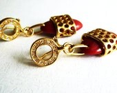 Vintage Red Coral and Gold Earrings, Dangle Golden Earrings with Clear Stones and Oval Coral Cabochon, Red and Gold Jewelry