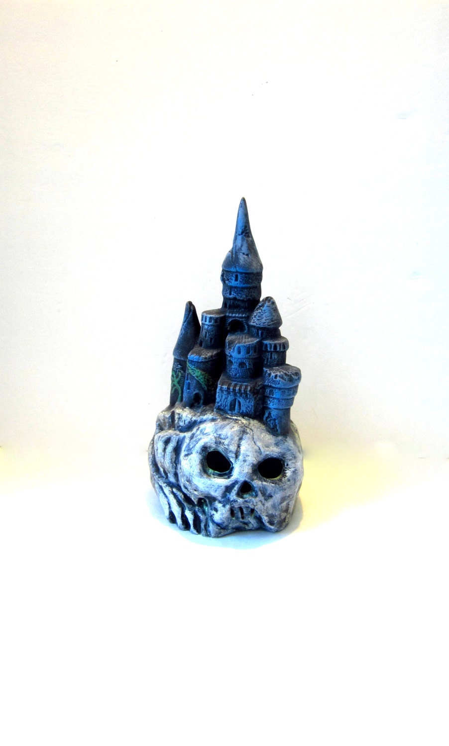 Ceramic Castle on a Skull -12 inches high, hand painted, halloween, incense or candle burner