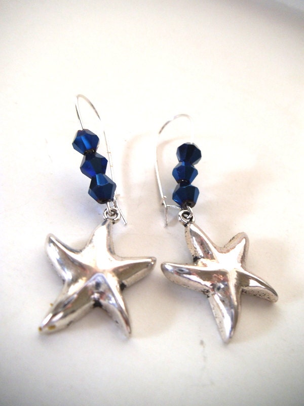 Ocean Inspired Starfish Dangle Earrings with Deep Blue Sea Crystals, Long Ear Wires