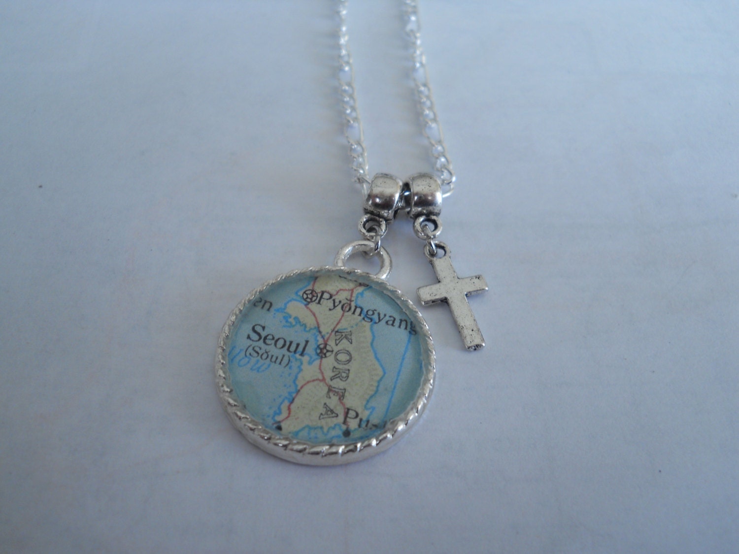 Christian Cross with World Map of Any Location Pendant Necklace  - Baptism. Confirmation. Wedding. Mission.