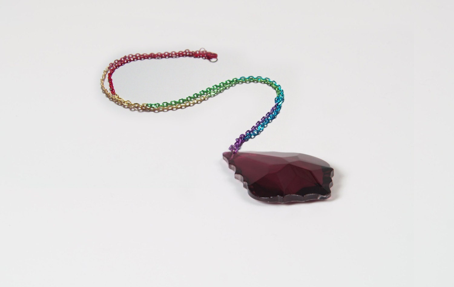 Dark Purple Crystal Pendant Necklace w/ Rainbow Color Chain French Cut GAY PRIDE