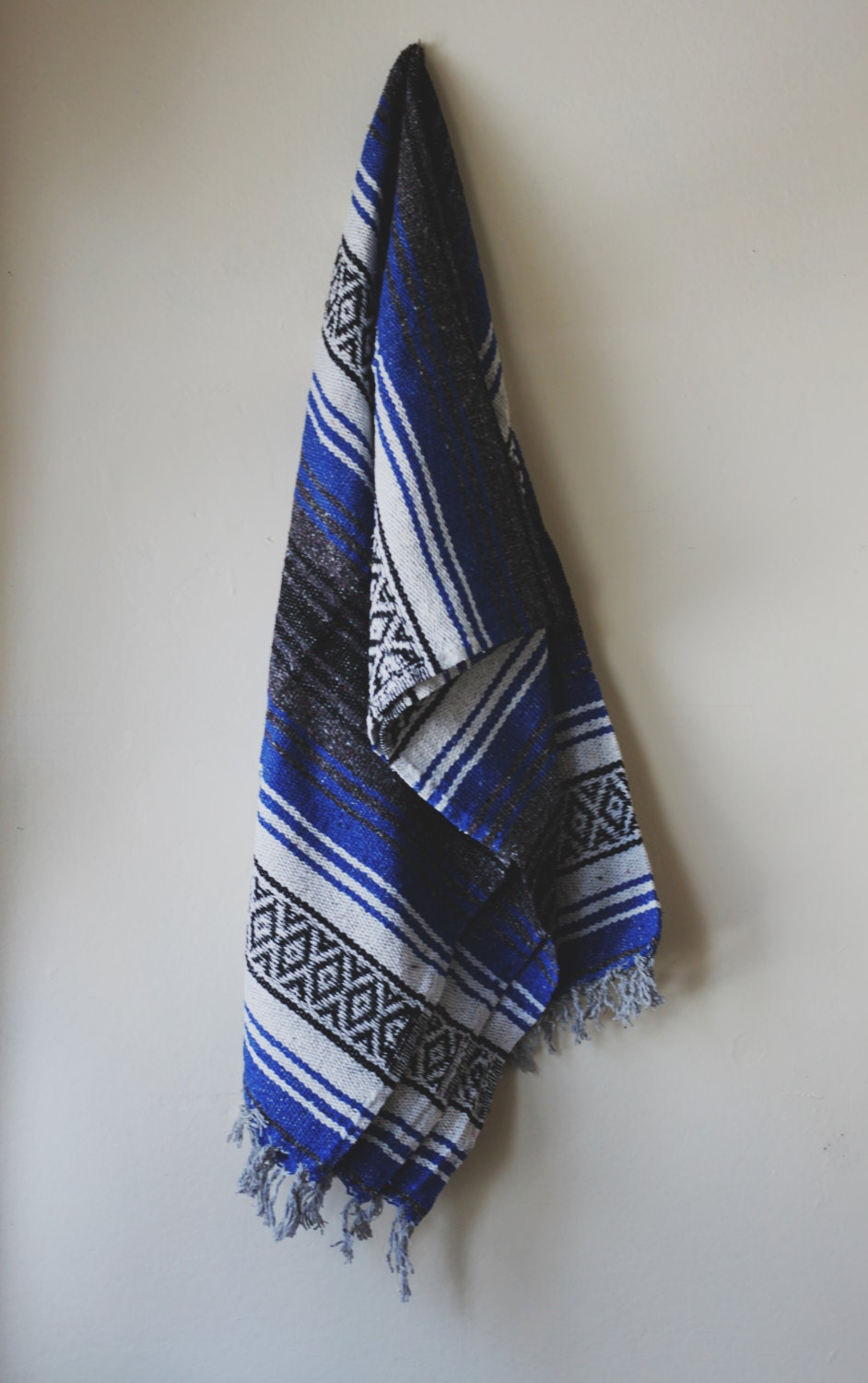 Vintage Southwestern Mexican Striped Ethnic Blanket / Wall Hanging 74" long and 50" wide Cobalt Blue/Charcoal/White