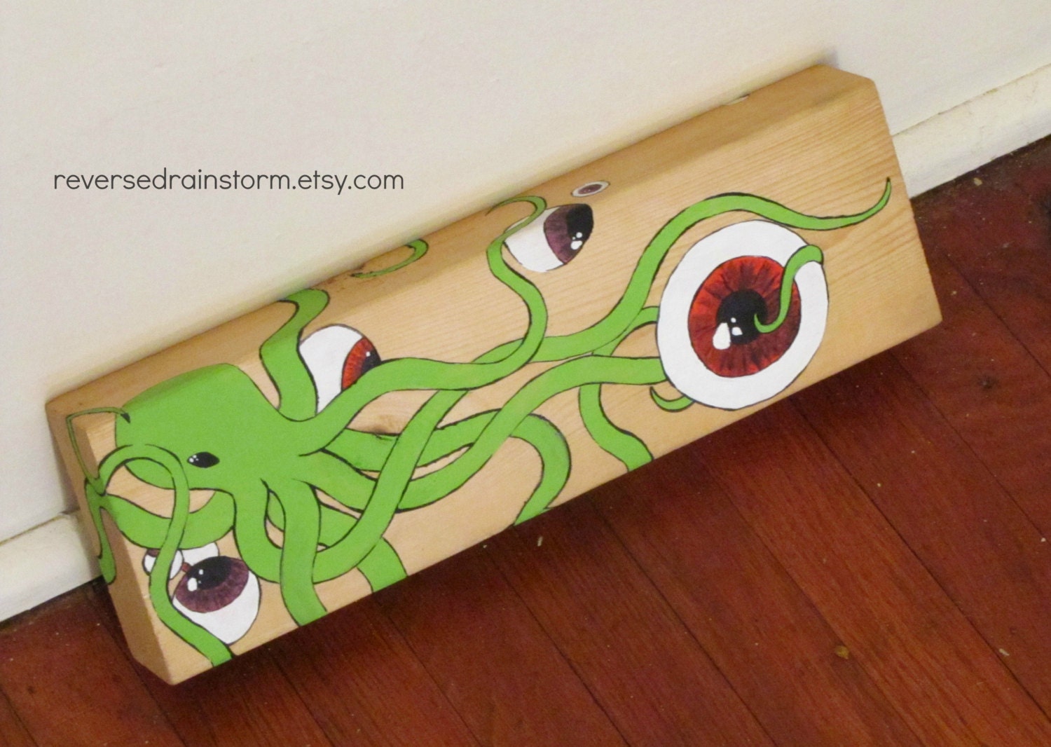 Original Acrylic Octopus with Eyeballs on 11 x3 1/2 Wood