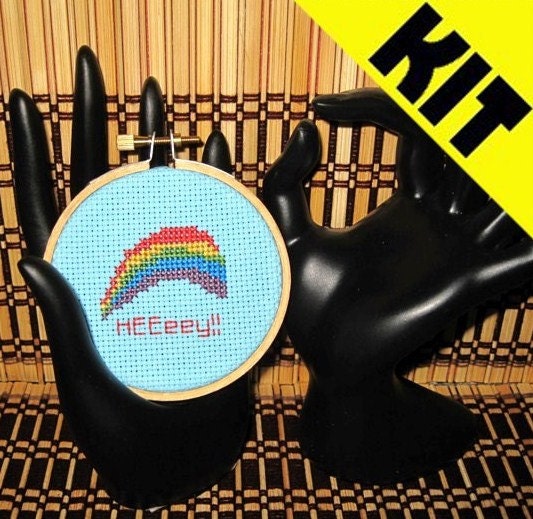 KIT Funny Cross Stitch HEEeey Rainbow 3-Inch Hoop Rude Humorous Collectible Subversive DIY PDF Original