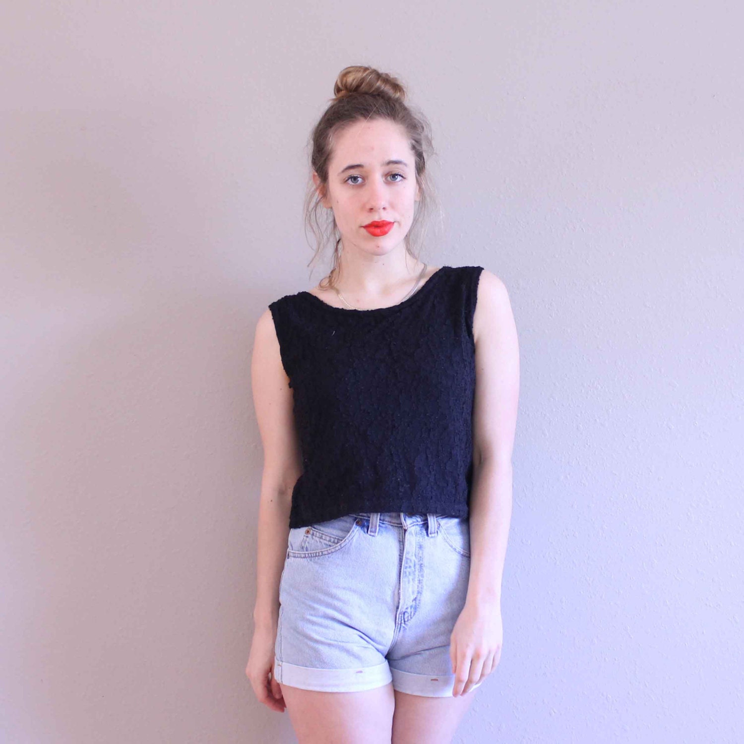 90s Black Lace Crop Top Shirt Tank