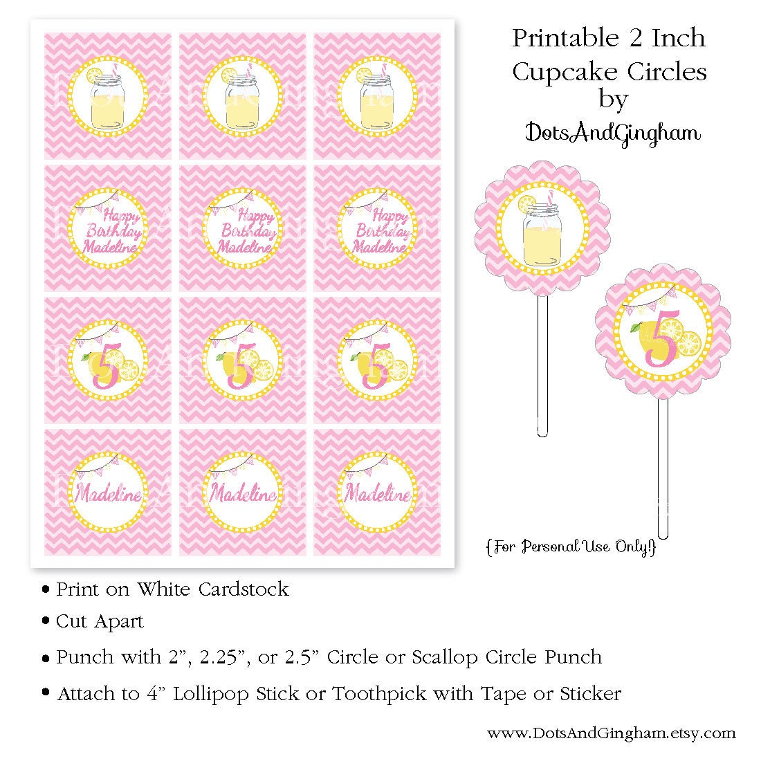 Lemonade Cupcake Toppers-Mason Jar Lemonade Cupcake Toppers-Chevron Lemonade Cupcake Topper--Lemonade Party