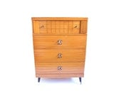 Vintage Highboy Dresser Chest of Drawers Tallboy Bedroom Storage Blonde Maple Wood Mid Century Modern Atomic Furniture