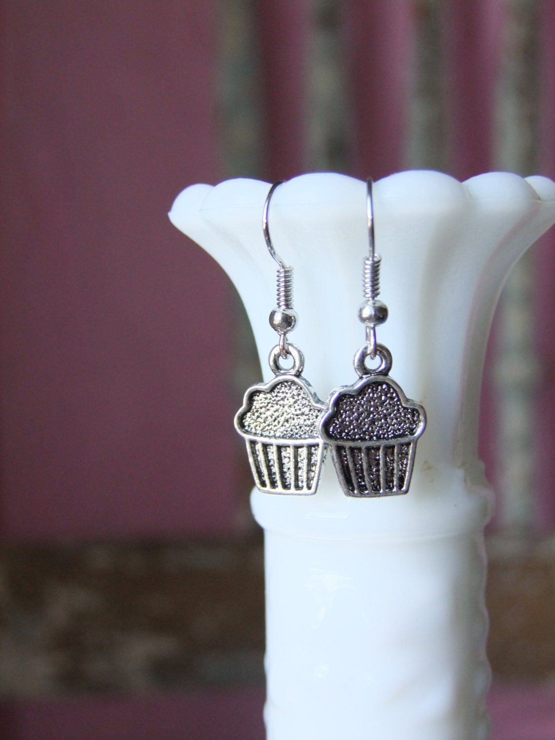 Cupcake earrings silver dangle metal earring lightweight basic plain adorable