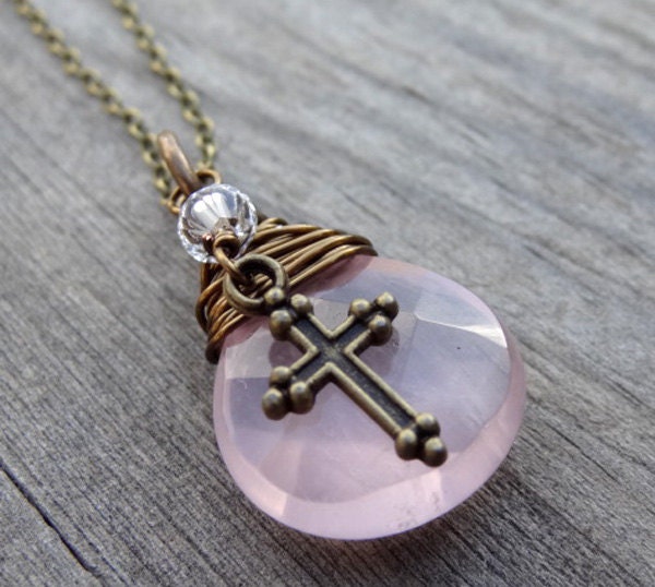 Pink Rose Quartz Bronze Wire Wrap Pendant handmade Necklace with Cross and crystal bead charm Christian Religious Jewelry