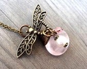 Bronze Dragonfly wire wrapped Pink Rose Quartz pendant handmade Necklace with crystal & Pearl charm