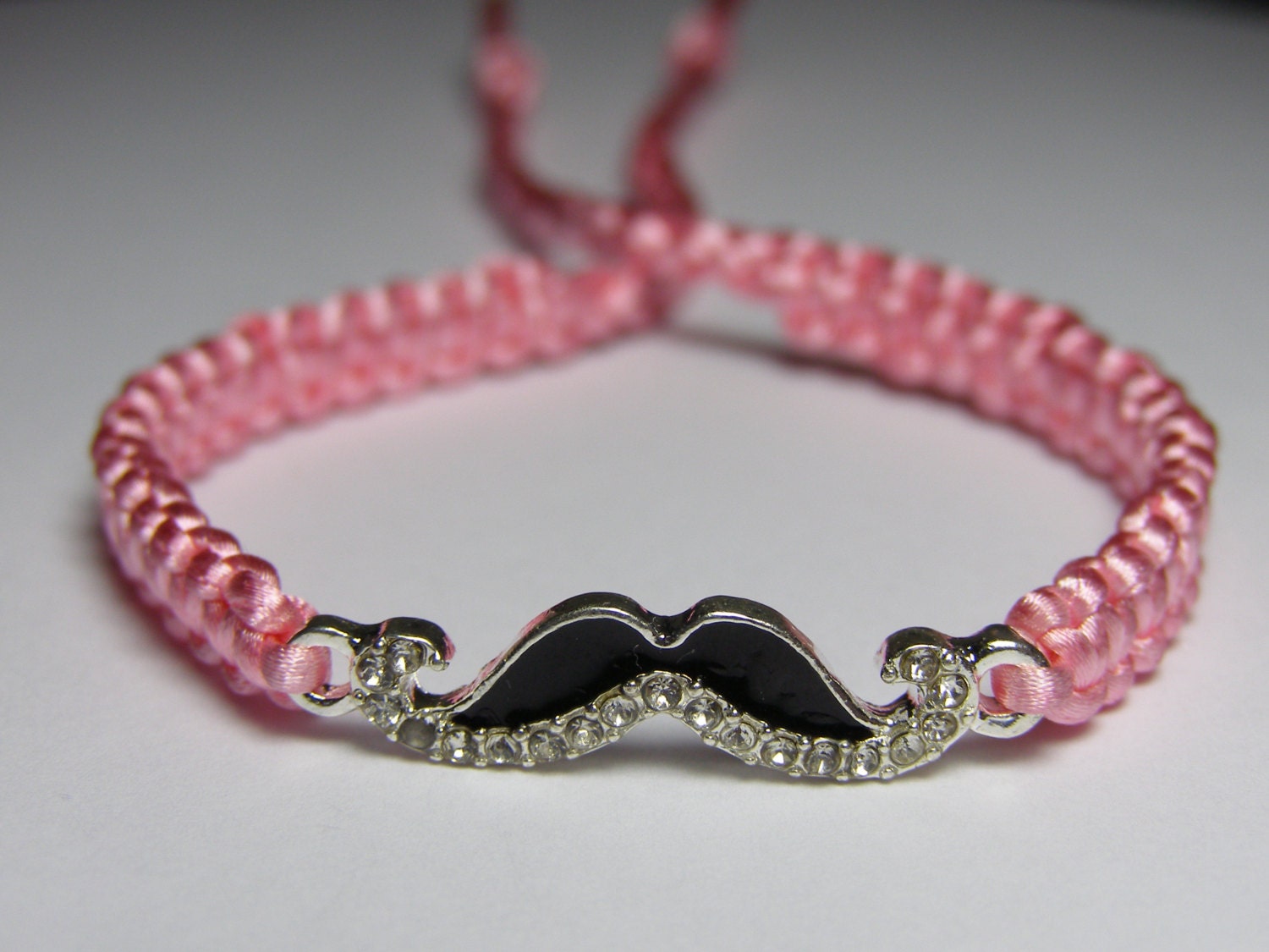 Mustache Bracelet with rhinestones and pink cord