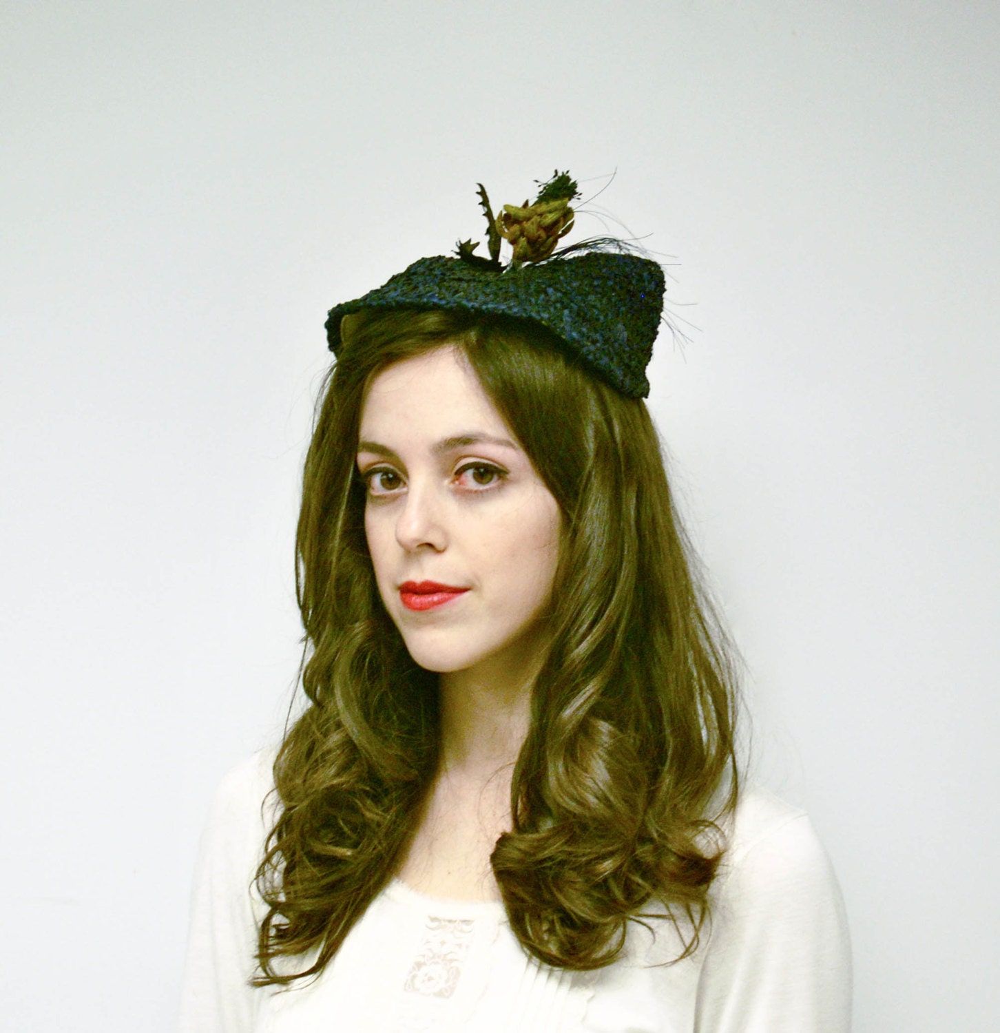 Vintage 1950s Hat : Half Hat, Navy Blue Fascinator / Calot, 50s Straw Hat