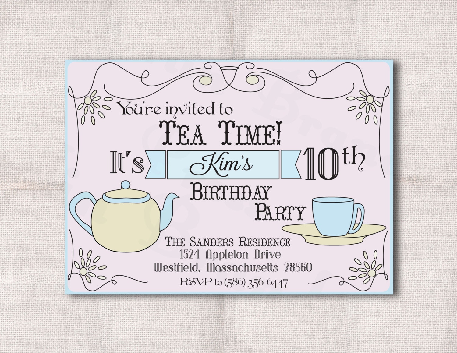 Tea Party Birthday Custom Printable Invitation 5x7