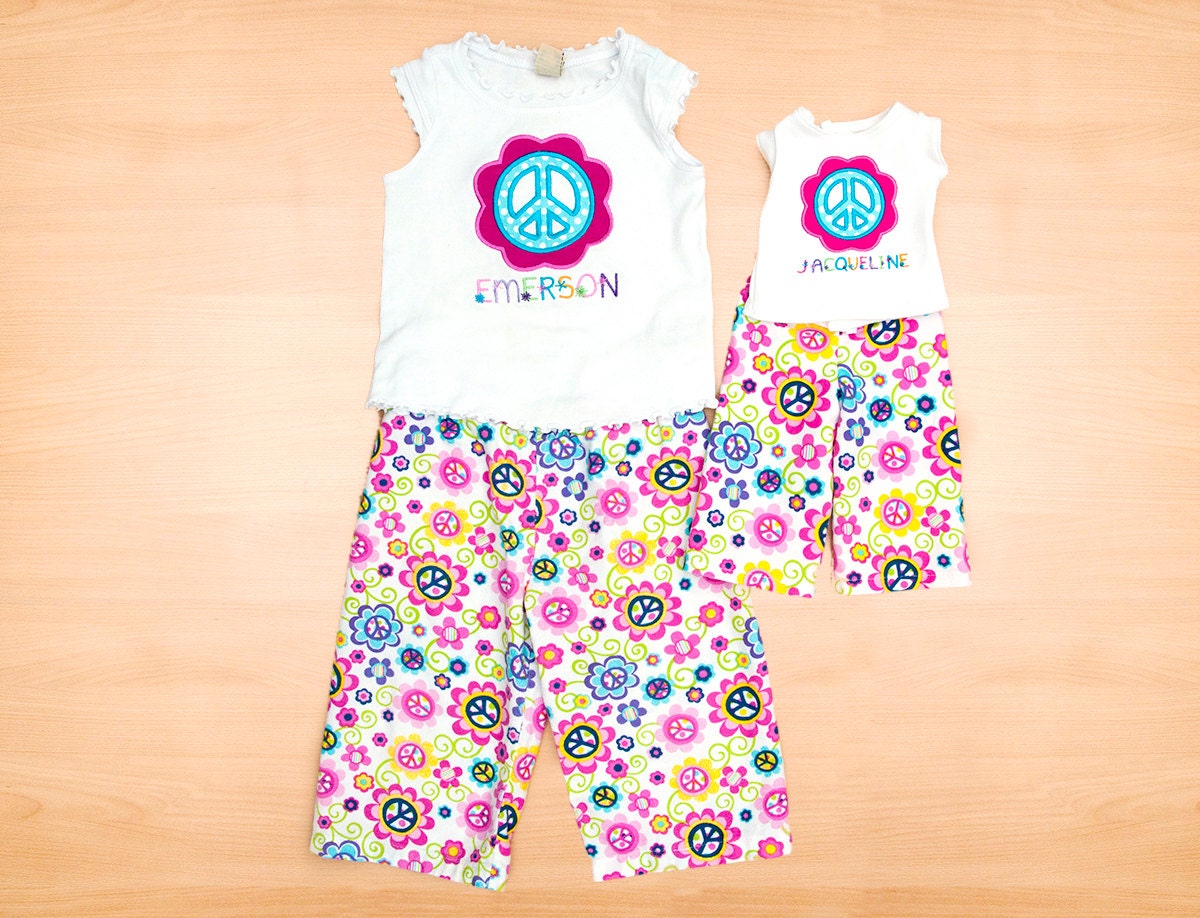 Personalized Girl and Doll Pajamas (Daisy Peace)- Sizes 6M-6 : For 18" dolls (American Girl) or 15" dolls (Bitty Baby or Bitty Twins)