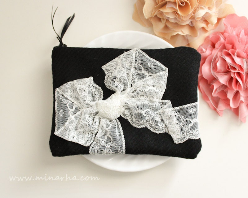Lace Bow Clutch Off White Bows Bag Black wool Makeup Bag Purse Wallet  Zippered Pouch Iphone Handbag for Women