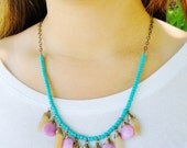 Turquoise Necklace Fuchsia Orange Boho Necklace Colorful Wire Wrapped Glass Drops Gypsy Necklace Boho Jewelry