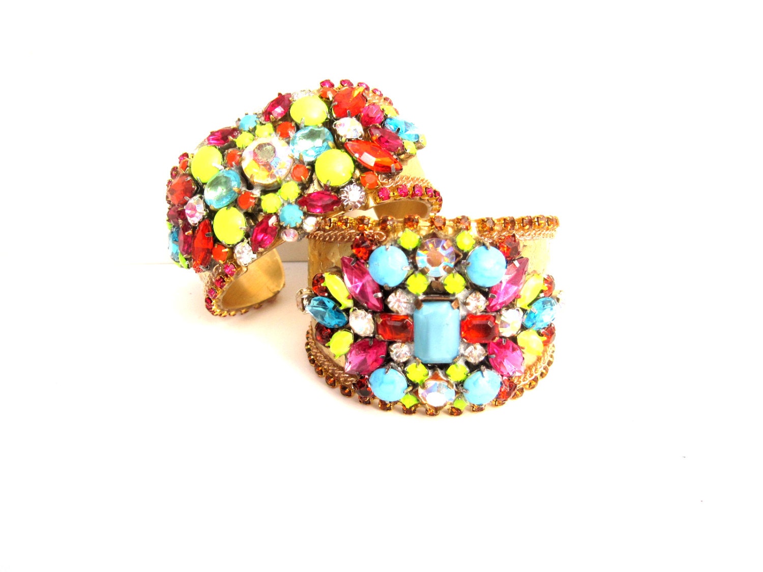 Neon rhinestone cuff - brass cuff, statement cuff, boho cuff