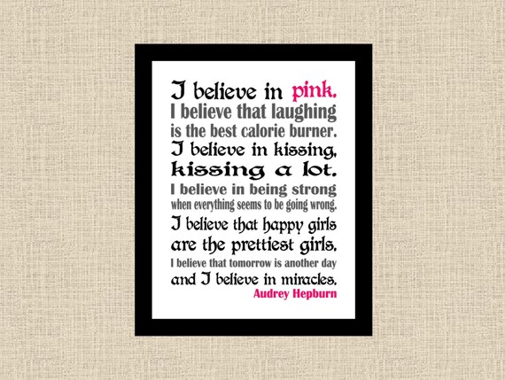 I believe in pink Audrey Hepburn quote Printable Wall Art Subway Art Il_570xn