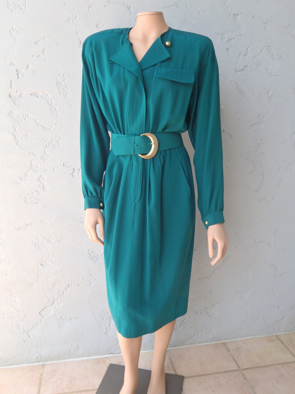 Liz Claiborne Classic 80s Teal Pure Silk Belted Shirt Dress / Vintage Clothing by Feisty Farmers Wife